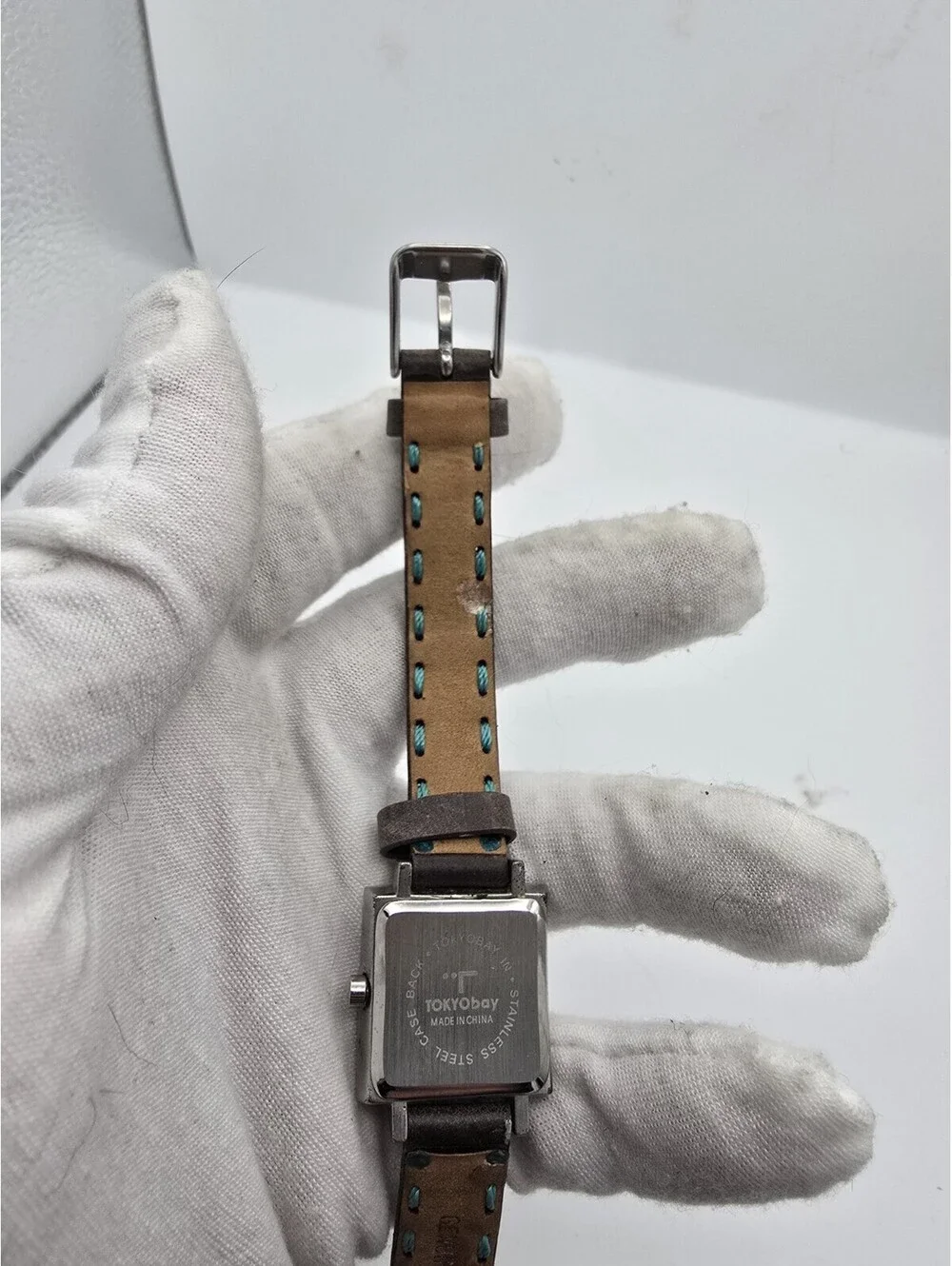Tokyo Bay Blue Dial Square Quartz Watch with Brown Leather And Blue Stitch Band